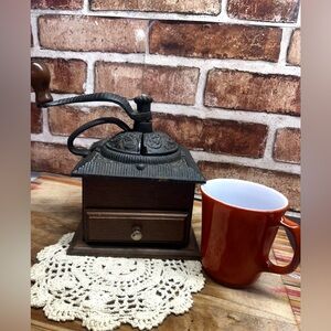 Vintage Wood & Cast Iron Coffee
Grinder With Handle 
Midcentury 1940's